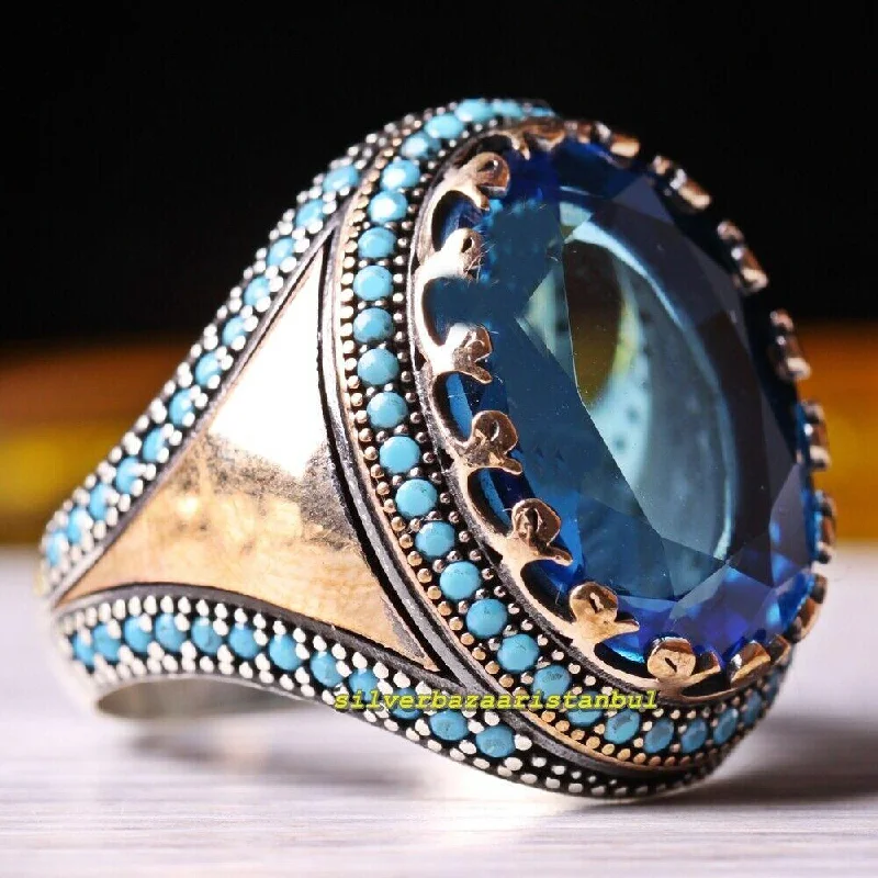 925 Sterling Silver Aquamarine and Turquoise Stone Mens Ring