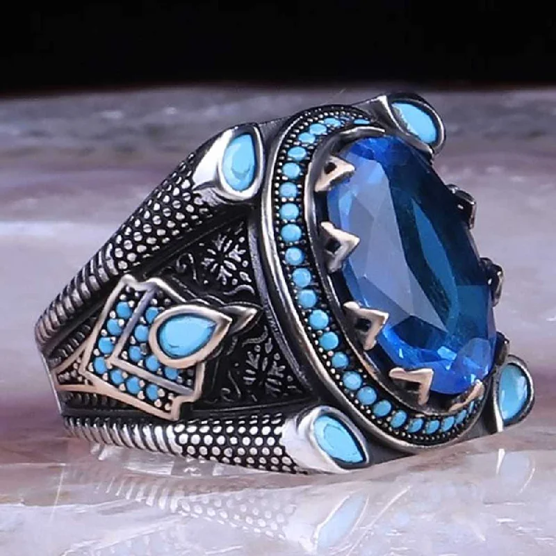 925 Sterling Silver Attractive Aquamarine Stone Elegant Mens Ring