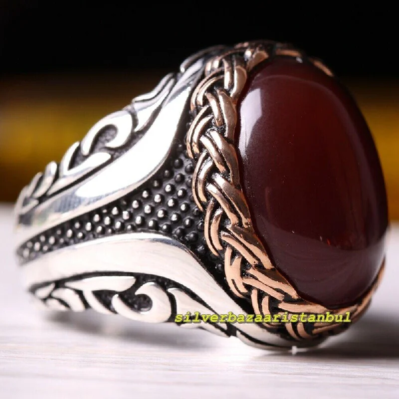 925 Sterling Silver Best Agate Aqeeq Stone Mens Ring