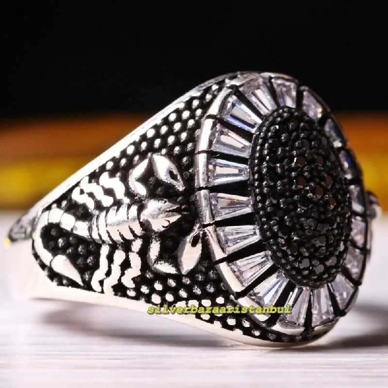 925 Sterling Silver Black Onyx and Zircon Stone Scorpion Mens Ring