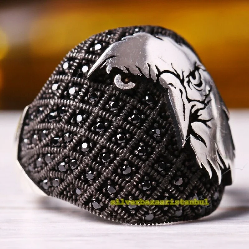 925 Sterling Silver Black Onyx Stone Angry Eagle Style Mens Ring