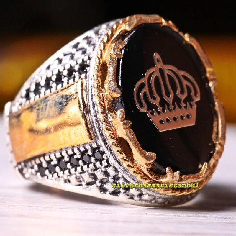 925 Sterling Silver Black Onyx Stone Crown Luxury Mens Ring