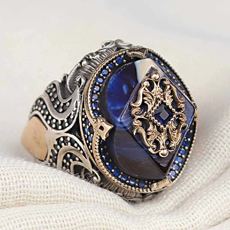 925 Sterling Silver Blue Amber Stone Mens Ring