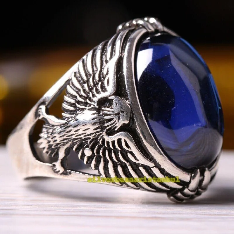 925 Sterling Silver Blue Sapphire Stone Luxury Eagle Mens Ring