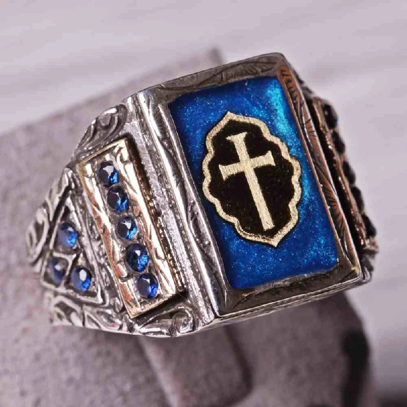 925 Sterling Silver Christian Cross Sapphire Religious Mens Ring