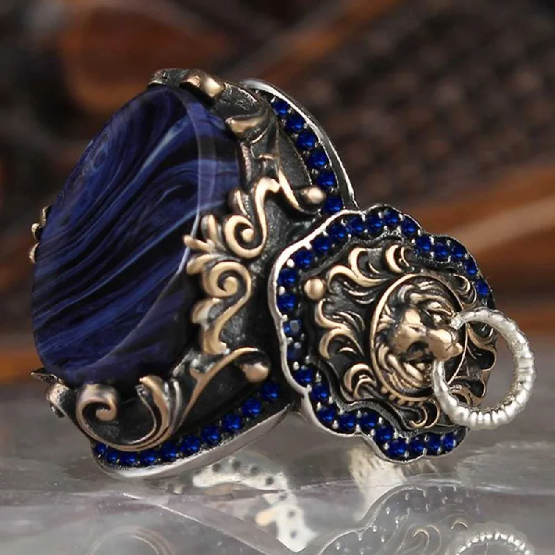 925 Sterling Silver Clear Amber and Sapphire Stone Lion Mens Ring