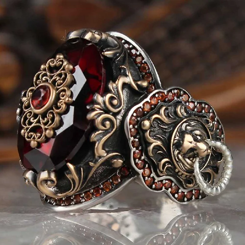 925 Sterling Silver Clear Ruby Stone Lion Mens Ring