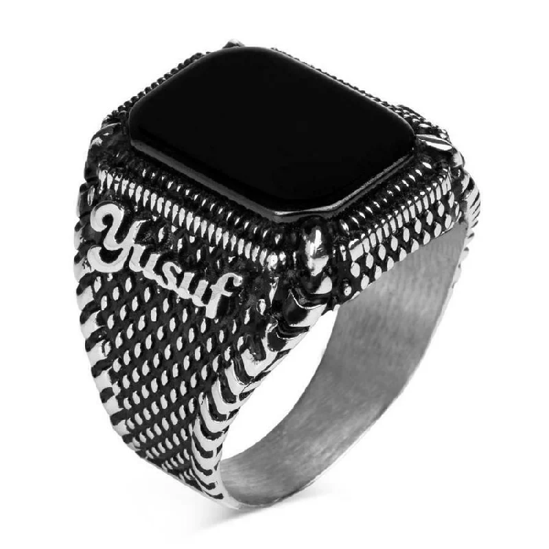 925 Sterling Silver Customizable Black Onyx Stone Mens Ring