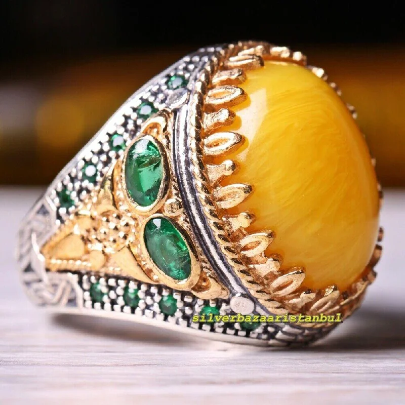 925 Sterling Silver Different Yellow Agate and Emerald Stone Mens Ring