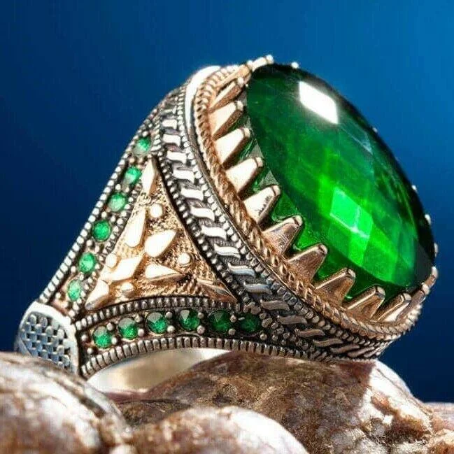 925 Sterling Silver Faceted Cut Emerald Stone Mens Ring