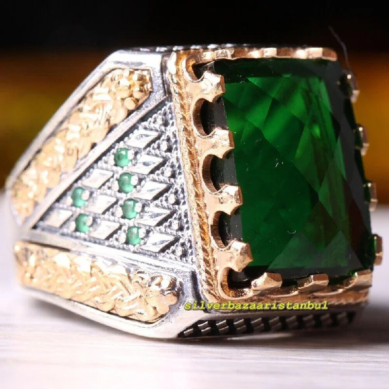 925 Sterling Silver Faceted Heavy Emerald Stone Mens Ring