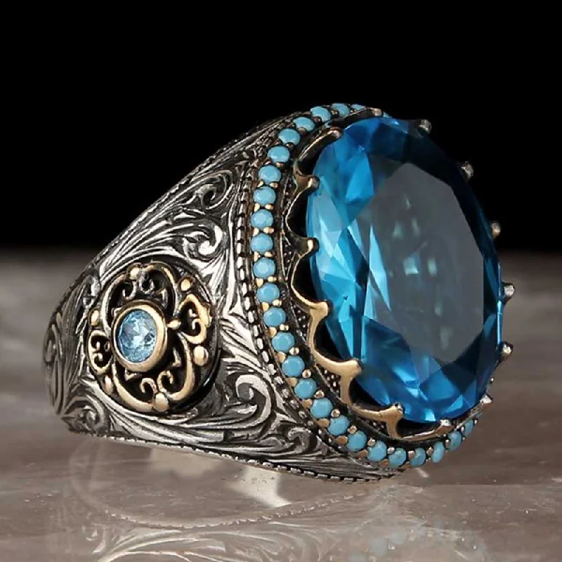 925 Sterling Silver Flashy Aquamarine Stone Mens Ring