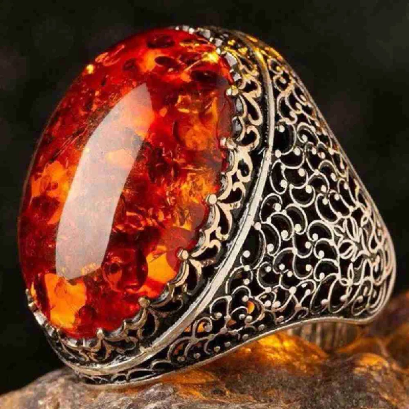 925 Sterling Silver Gorgeous Big Amber Stone Mens Ring