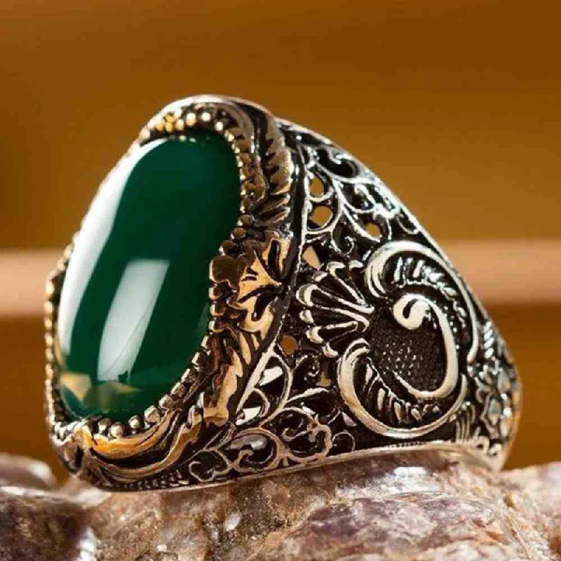 925 Sterling Silver Green Agate Aqeeq Best Mens Ring