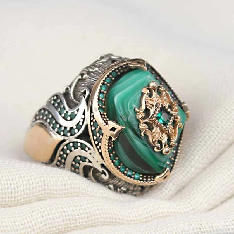 925 Sterling Silver Green Amber Stone Best Mens Ring