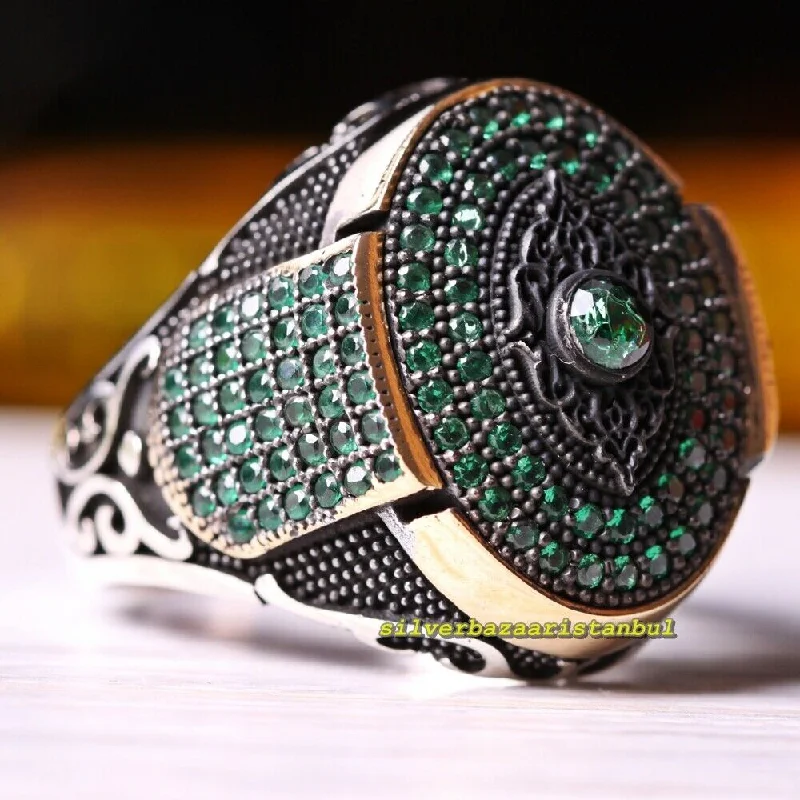 925 Sterling Silver  Handmade Full Small Green Emerald Stone Mens Ring