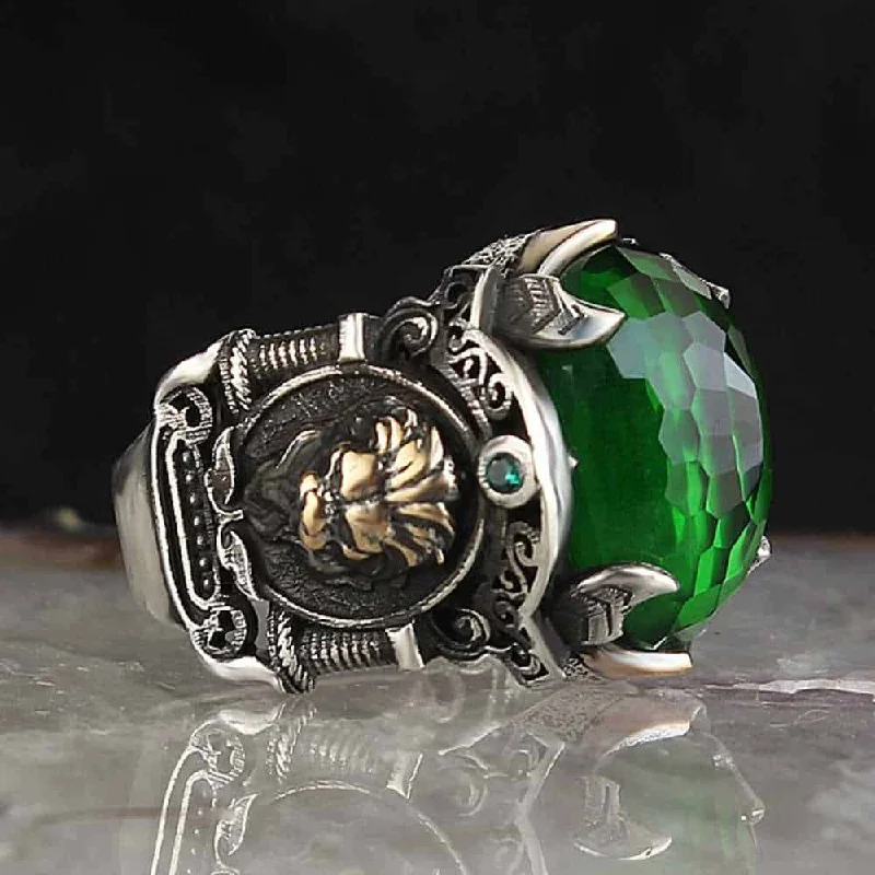 925 Sterling Silver Heavy Emerald Stone King Lion Mens Ring