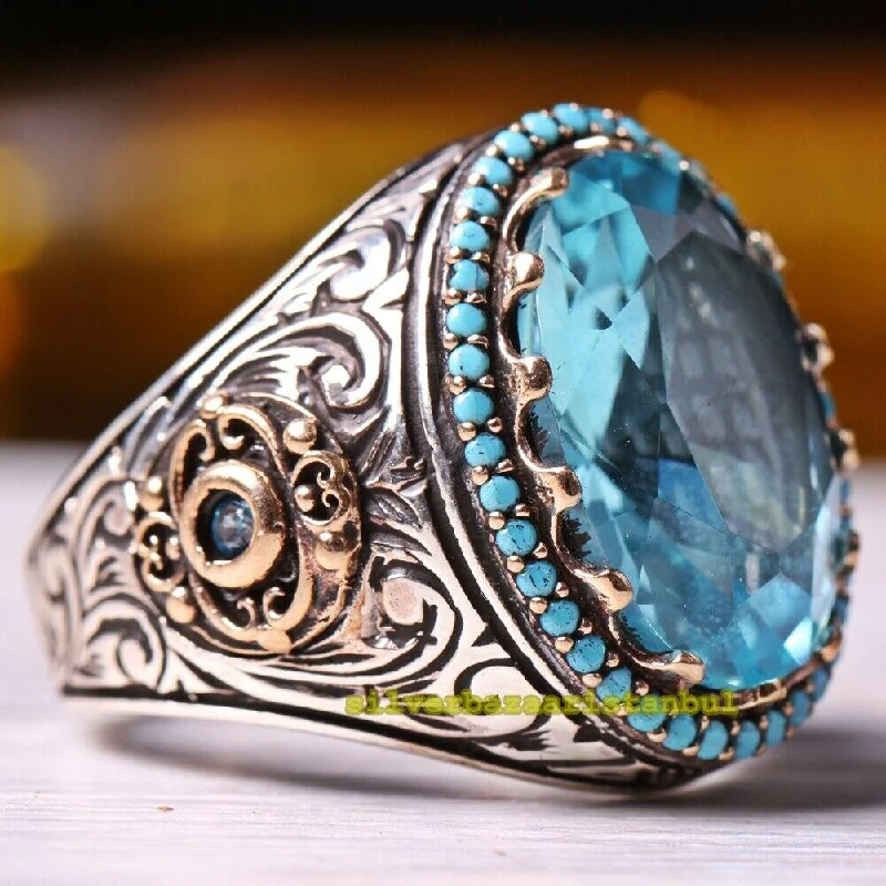 925 Sterling Silver Light Color Blue Aquamarine Stone Mens Ring