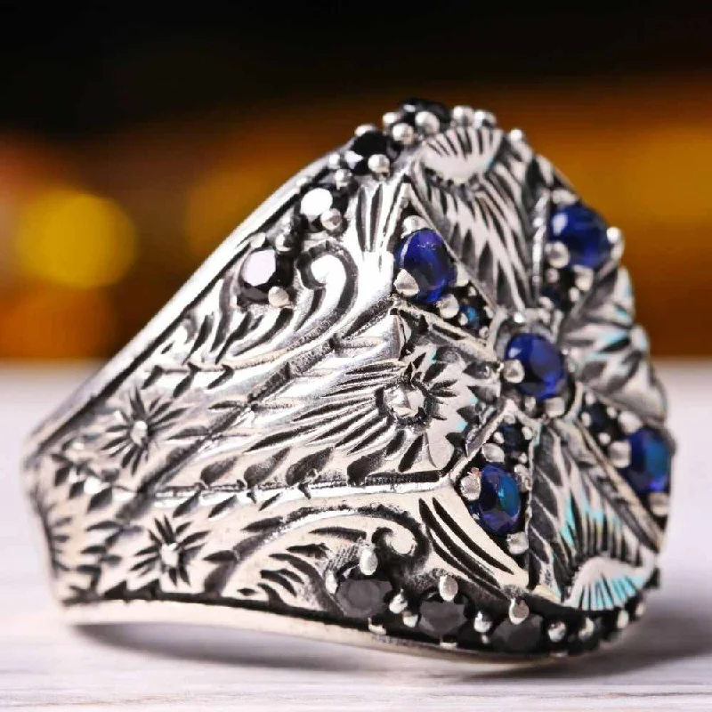 925 Sterling Silver Luxury Mens Ring with Sapphire and Onyx Stone