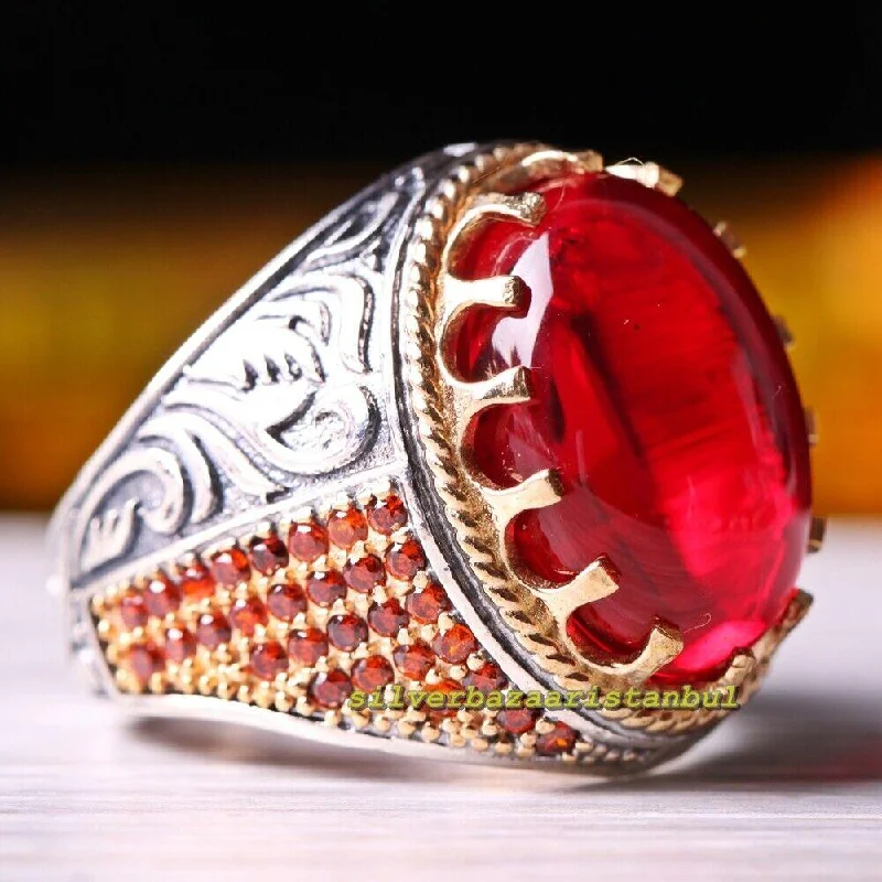 925 Sterling Silver Mens Ottoman Red Ruby Stone Ring