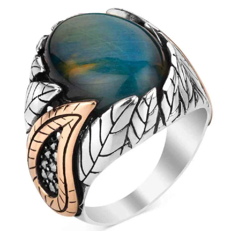 925 Sterling Silver Mens Ring with Natural Blue Tigers Eye Stone