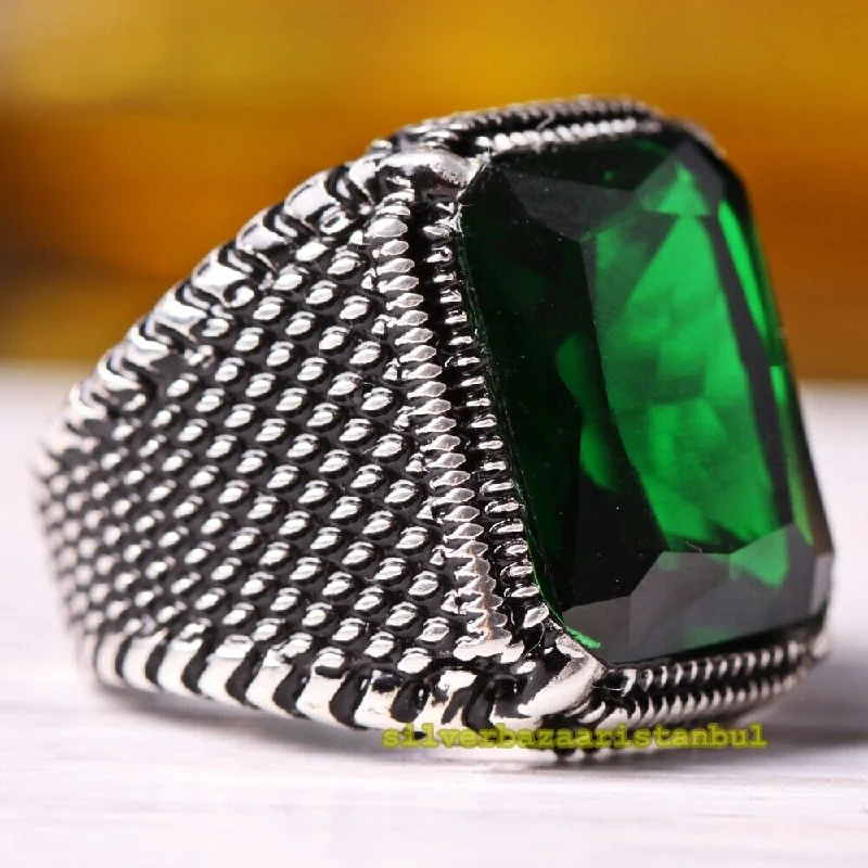 925 Sterling Silver Most Popular Green Emerald Stone Mens Ring