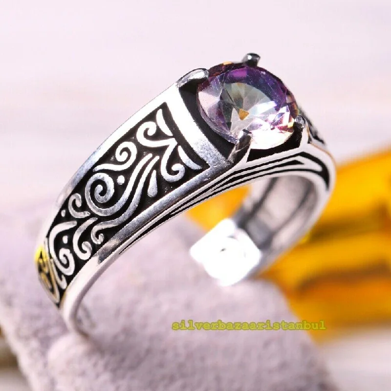 925 Sterling Silver Mystic Topaz Stone Multi Color Mens Ring