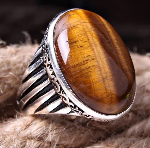 925 Sterling Silver Natural Brown Tigers Eye Stone Mens Ring