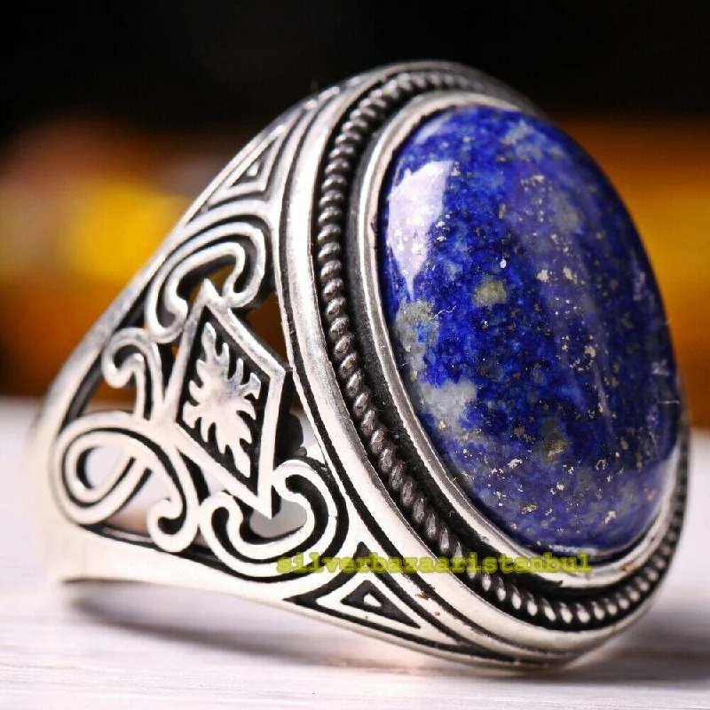 925 Sterling Silver Natural Lapis Lazuli Stone Mens Ring