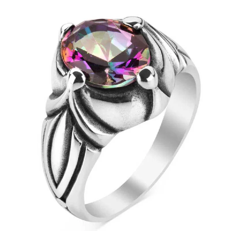 925 Sterling Silver Natural Mystic Topaz Stone Mens Ring