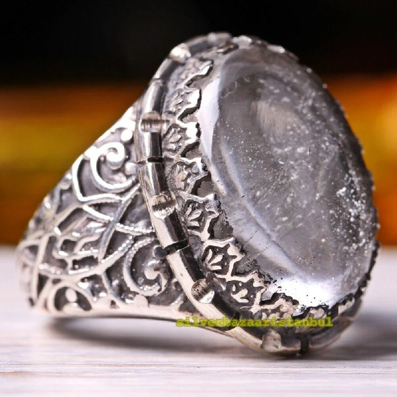 925 Sterling Silver Natural White Najaf Stone Mens Ring