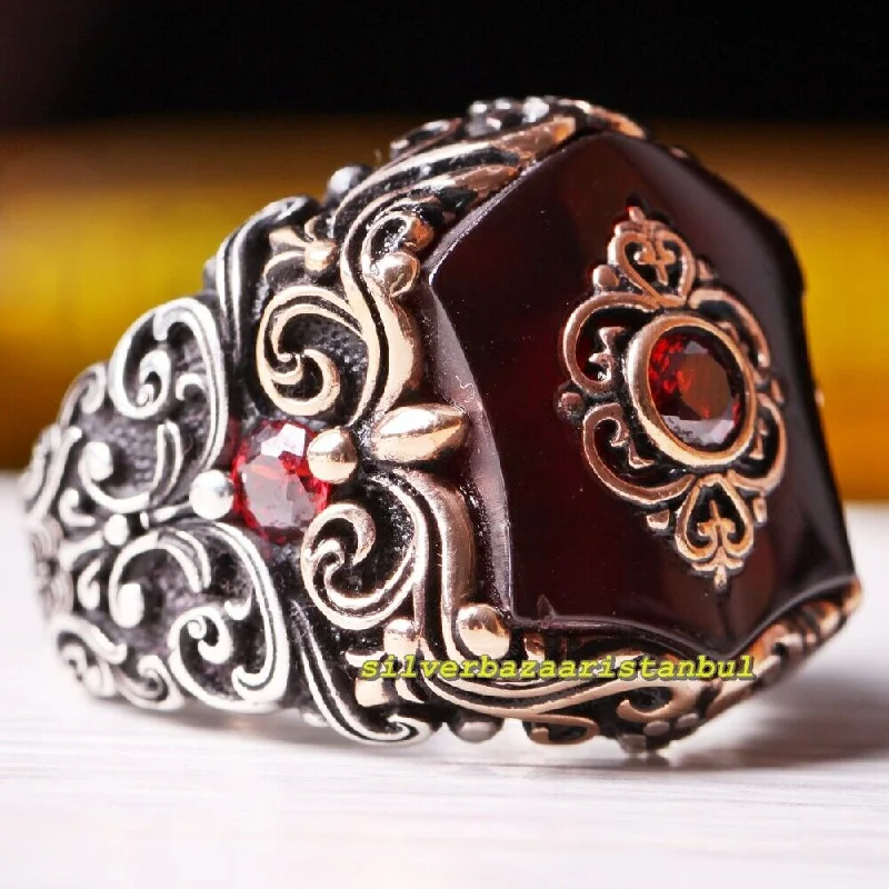 925 Sterling Silver Nice Red Agate Aqeeq Stone Mens Ring