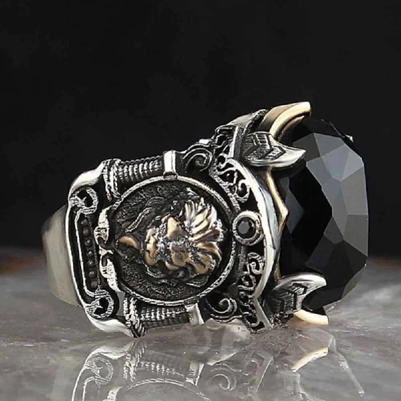 925 Sterling Silver Onyx Stone King Lion Mens Ring