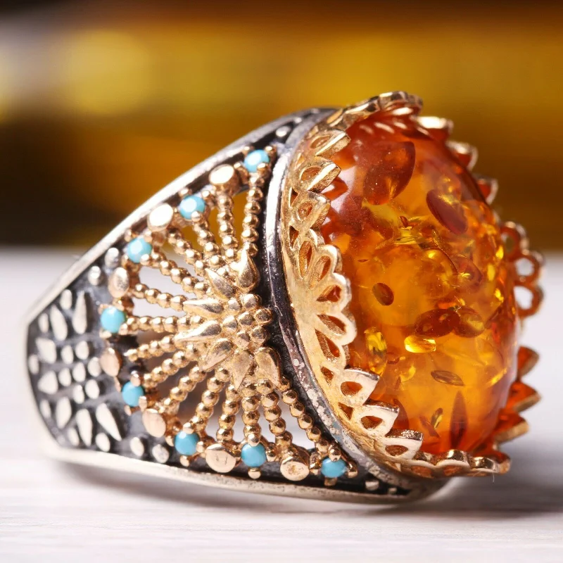 925 Sterling Silver Orange Amber and Turquoise Stone Mens Ring