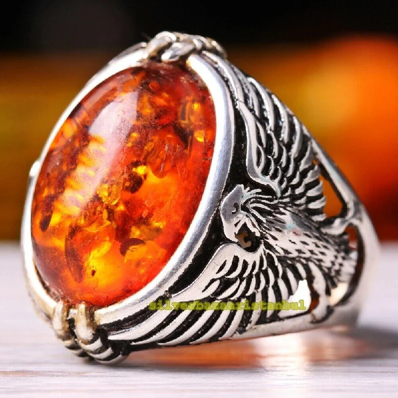 925 Sterling Silver Orange Amber Stone Luxury Eagle Mens Ring