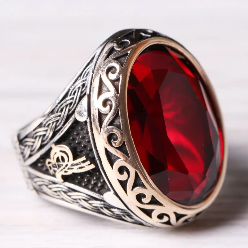 925 Sterling Silver Ottoman Red Ruby Stone Mens Ring