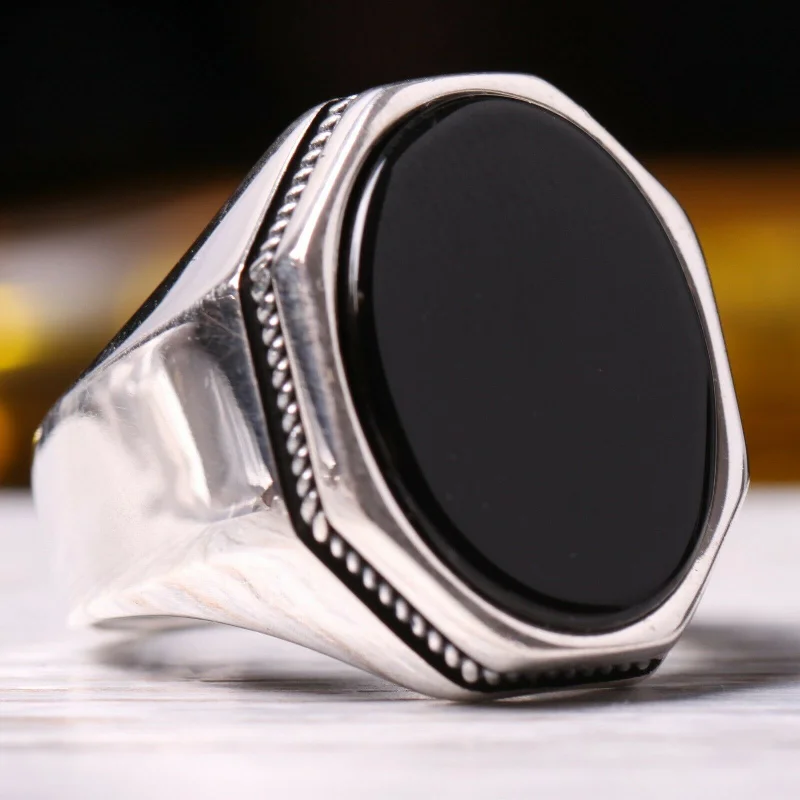 925 Sterling Silver Oval Onyx Stone Mens Ring