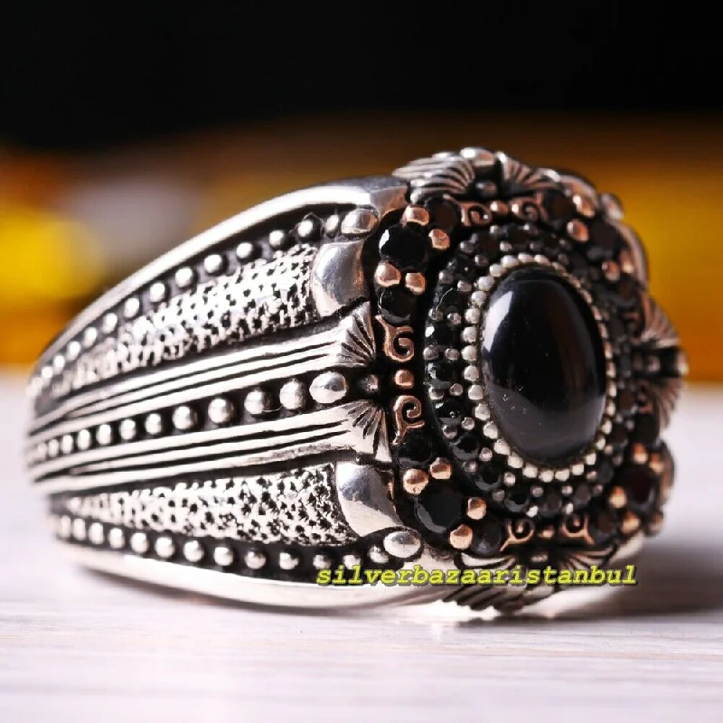 925 Sterling Silver Oval Onyx Stone Mens Ring