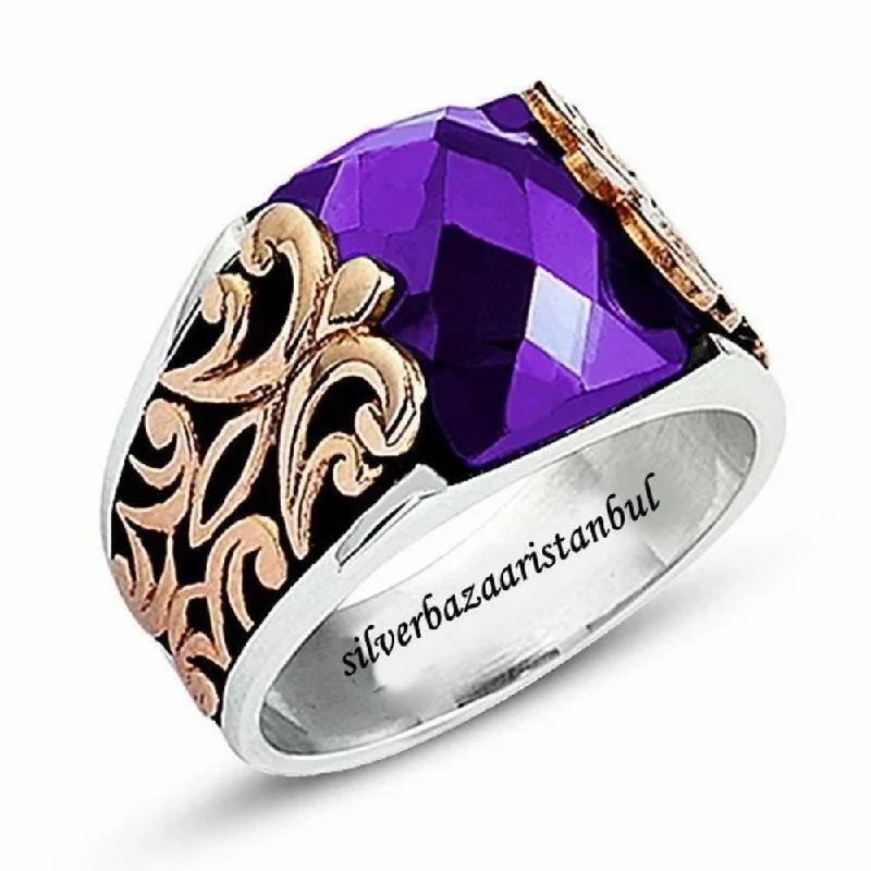 925 Sterling Silver Purple Amethyst Stone Mens Mans Ring