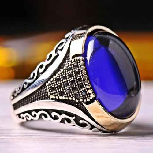 925 Sterling Silver Sapphire and Onyx Stone Luxury Mens Ring