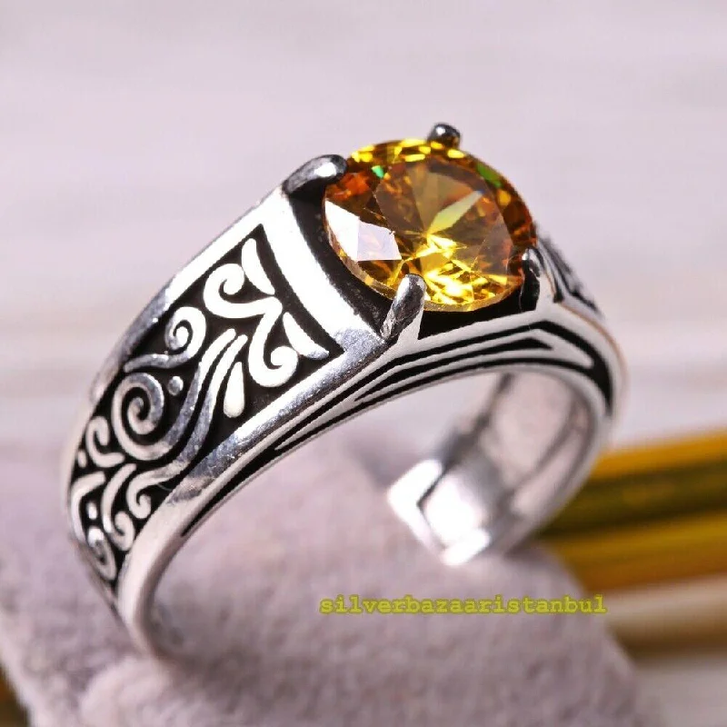 925 Sterling Silver Slim and Elegant Citrine Stone Mens Ring