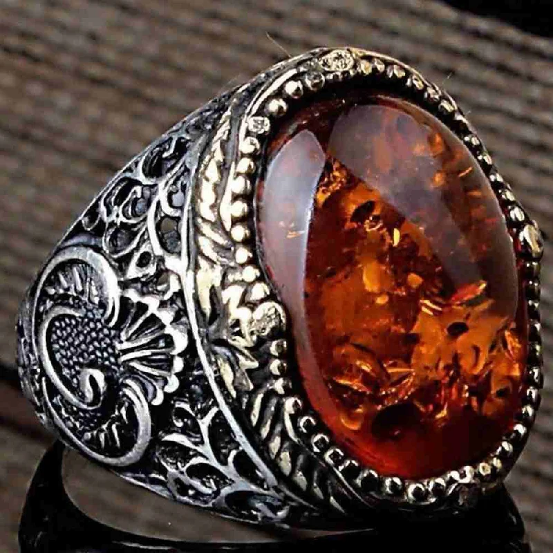 925 Sterling Silver Stylish Amber Stone Mens Ring