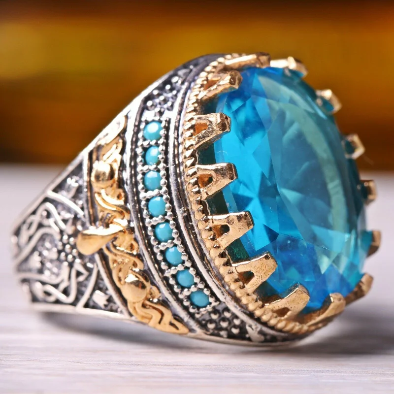 925 Sterling Silver Tourmaline and Turquoise Multi Stone Mens Ring