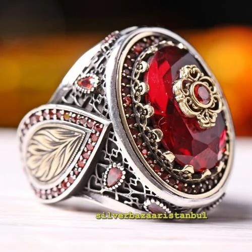 925 Sterling Silver Unique Ruby and Citrine Stone Mens Ring