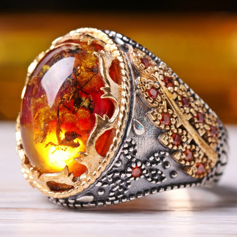 925 Sterling Silver with Fossil Amber and Citrine Stone Mens Ring