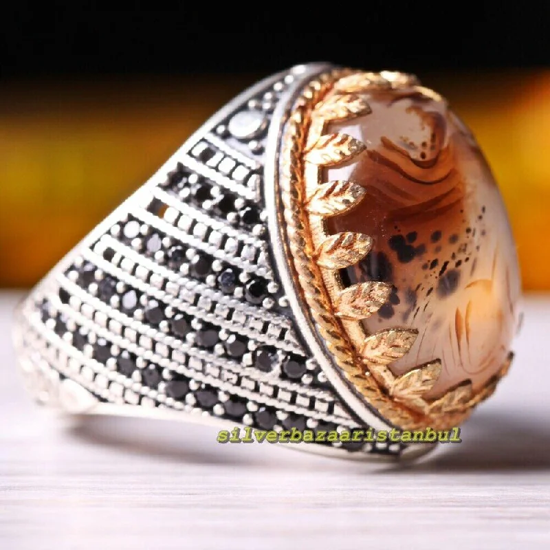 925 Sterling Silver Yemeni Agate Aqeeq Luxury Mens Ring