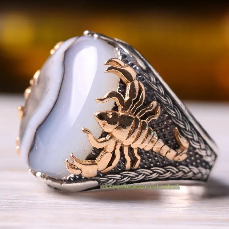 925 Sterling Silver Yemeni Agate Aqeeq Stone Scorpion Mens Ring