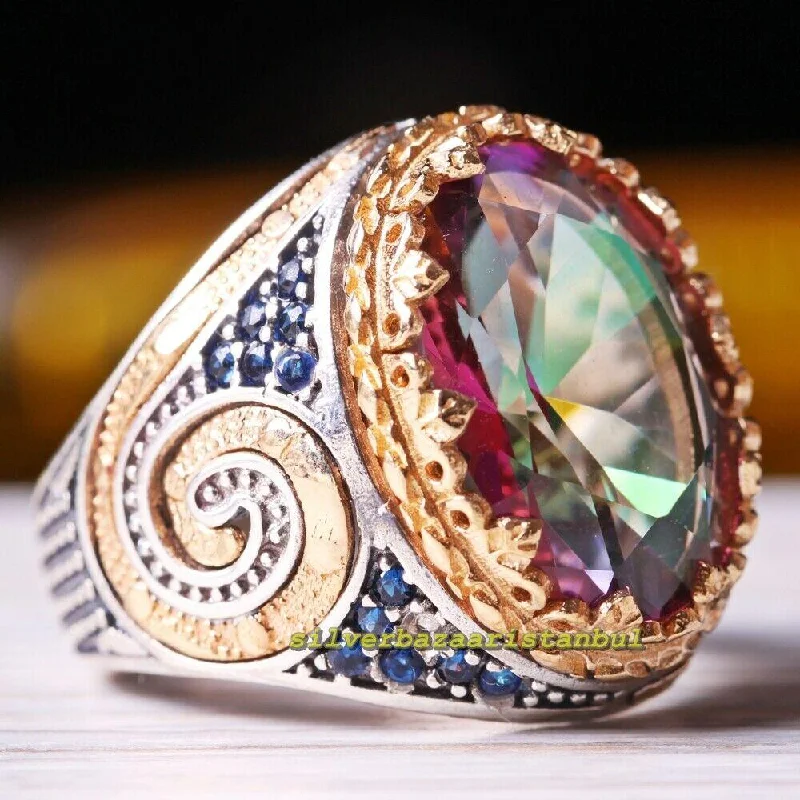 Best Tourmaline and Sapphire Luxury 925 Sterling Silver Mens Ring