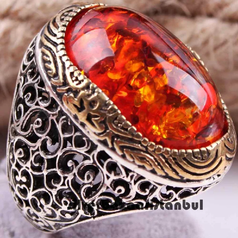 Big and Large 925 Sterling Silver Amber Stone Ring for Men