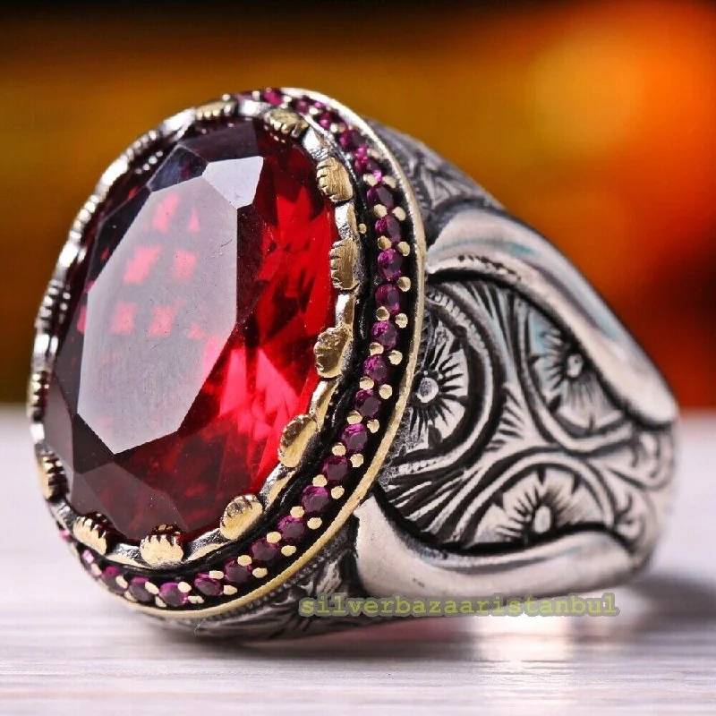 Big and Small Multi Stone 925 Sterling Silver Red Ruby Mens Ring